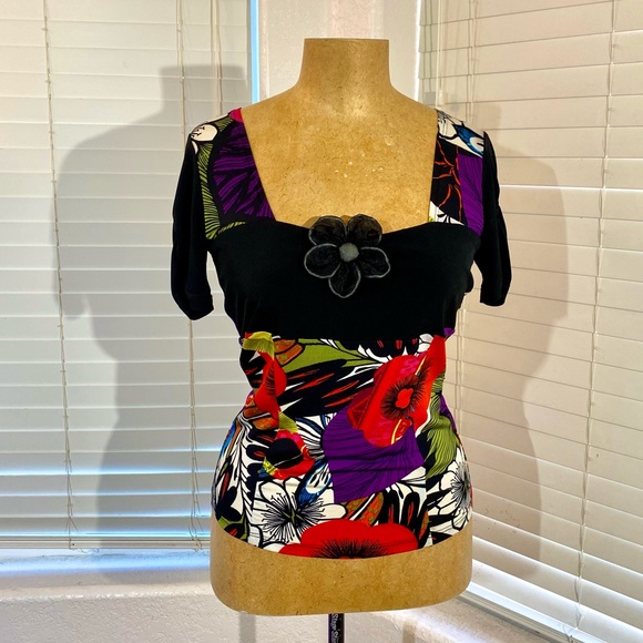 BLUE D’AZUR France top blouse black red stretchy - Picture 1 of 15